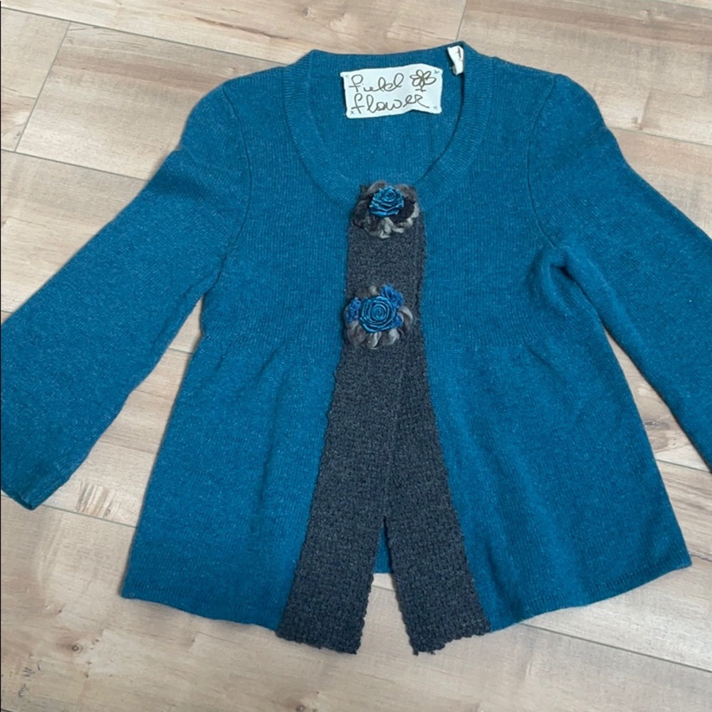 Anthropologie Field Flower Teal Floral Cardigan M